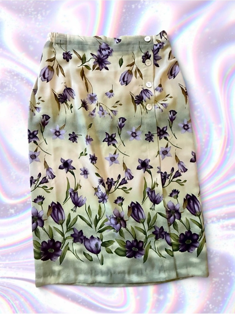 Russell Kemp Cream Pencil Skirt with Purple Floral Print